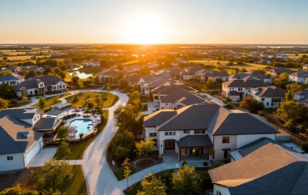 New homes with rooftop solar panels on modest lots along a sidewalk street with young trees