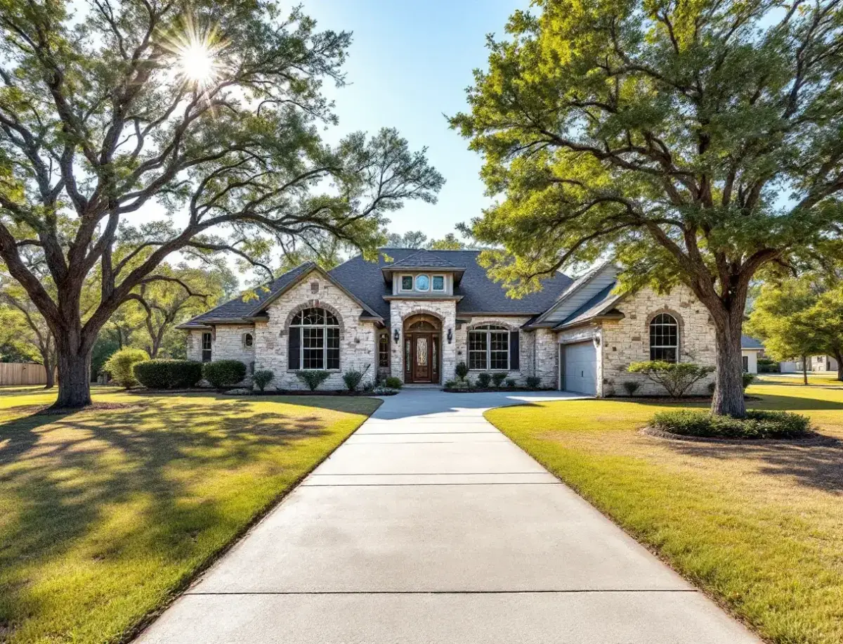 New single-story farmhouse-style home on a large open lot with scattered cedar and oak trees