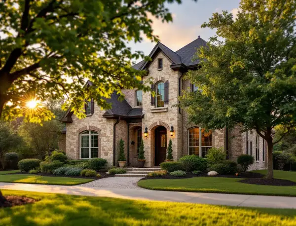 Two-story brick and stone suburban home shaded by mature live oaks on an established cul-de-sac
