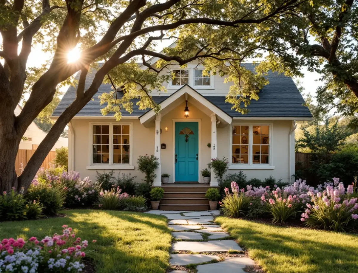 A 1950s ranch home with low rooflines and a wide lawn under mature pecan trees