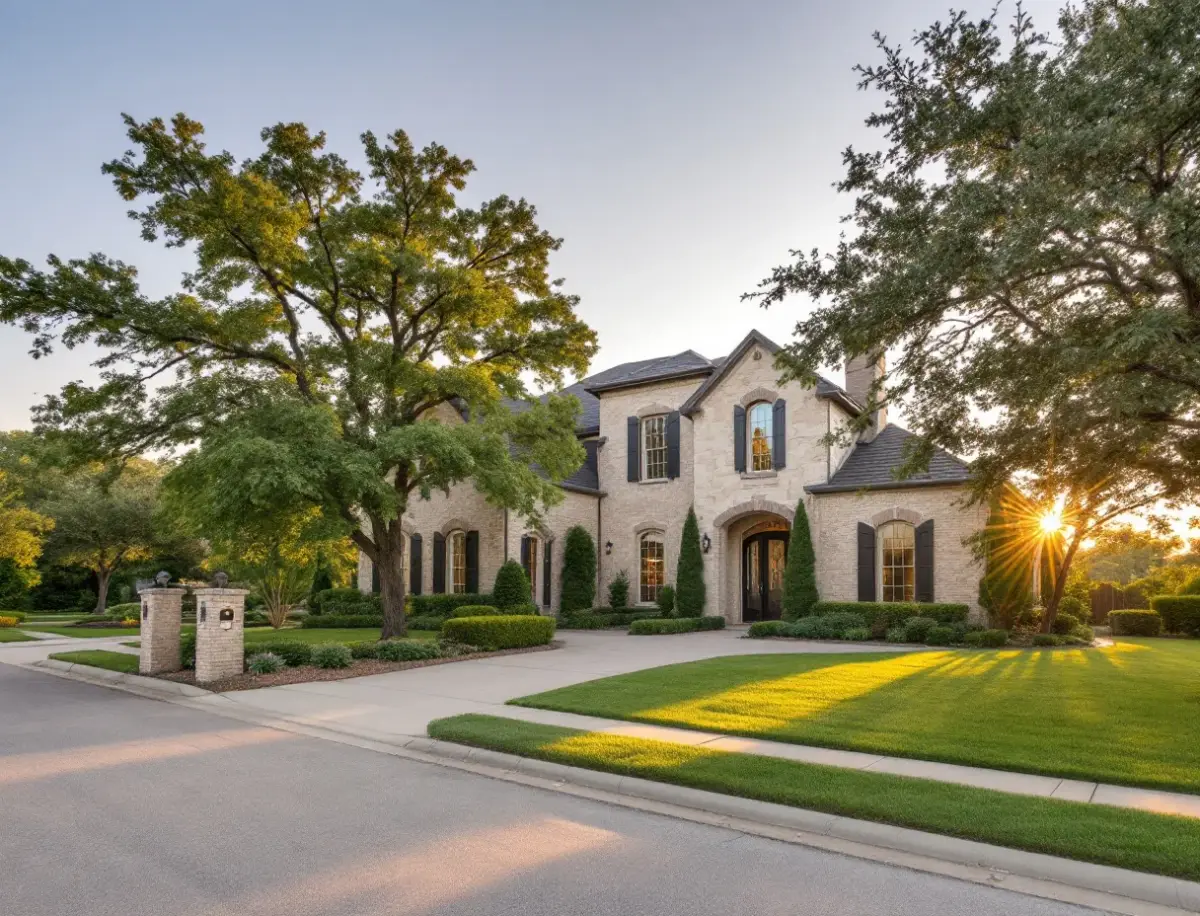 A two-story brick-and-limestone family home on a tree-lined suburban street with wide sidewalks