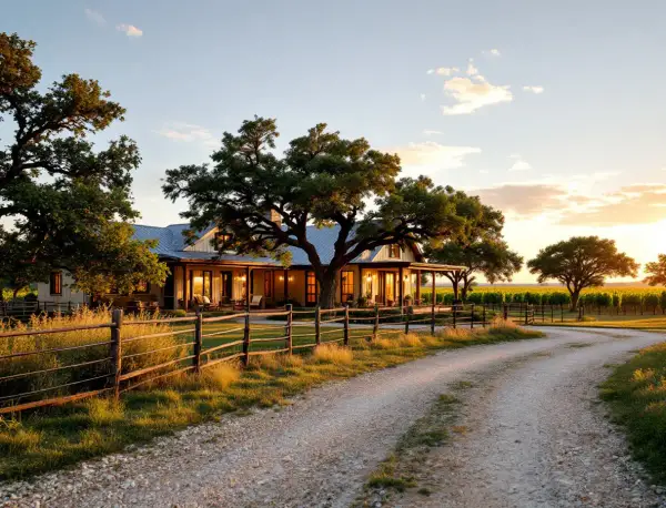 Limestone ranch house with a wraparound porch on open acreage dotted with live oaks