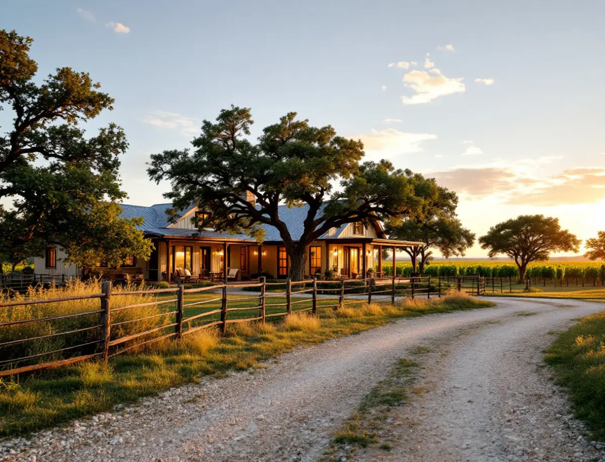 Limestone ranch house with a wraparound porch on open acreage dotted with live oaks