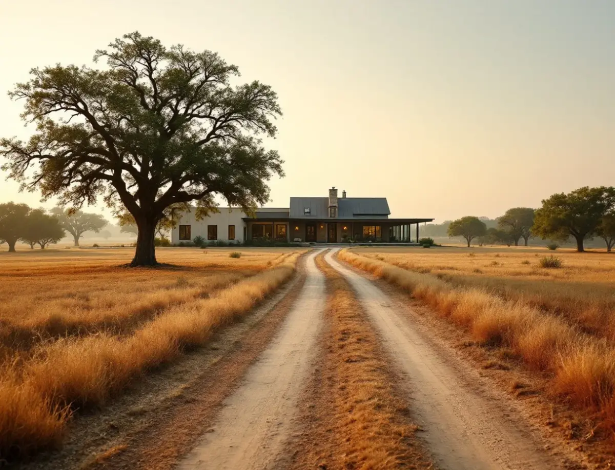 Modern farmhouse-style home with a metal roof on an open hill country lot at dusk