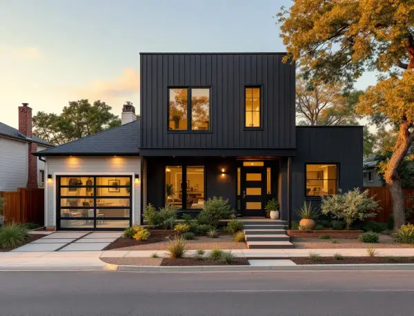 Restored 1920s bungalow beside a modern two-story infill home on a narrow tree-lined street