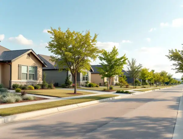 New single-story home with a covered porch under a wide prairie sky at the edge of town