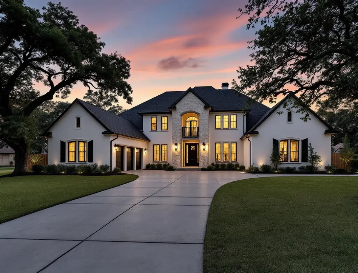 Two-story white stucco and limestone home at dusk in a newer Georgetown community, warm interior lights