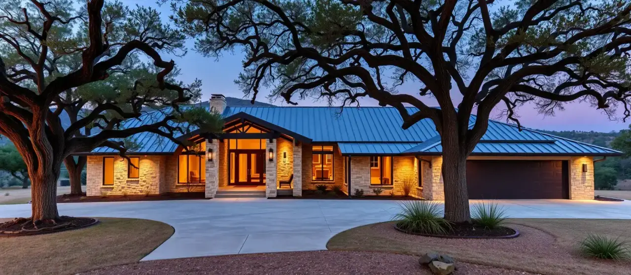 Limestone and stucco Austin home in evening light with live oaks and a wide front porch