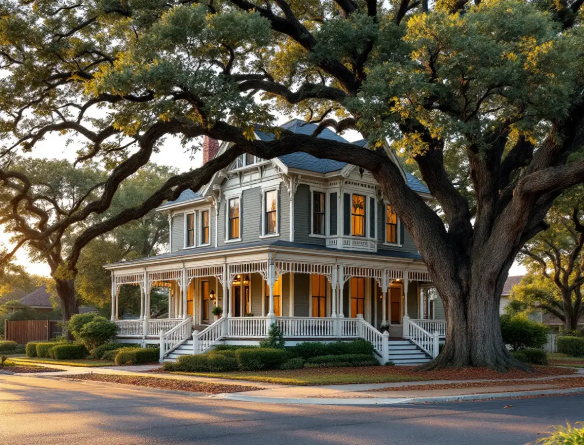 Craftsman bungalow with a deep front porch shaded by mature pecan trees on a narrow central Austin lot