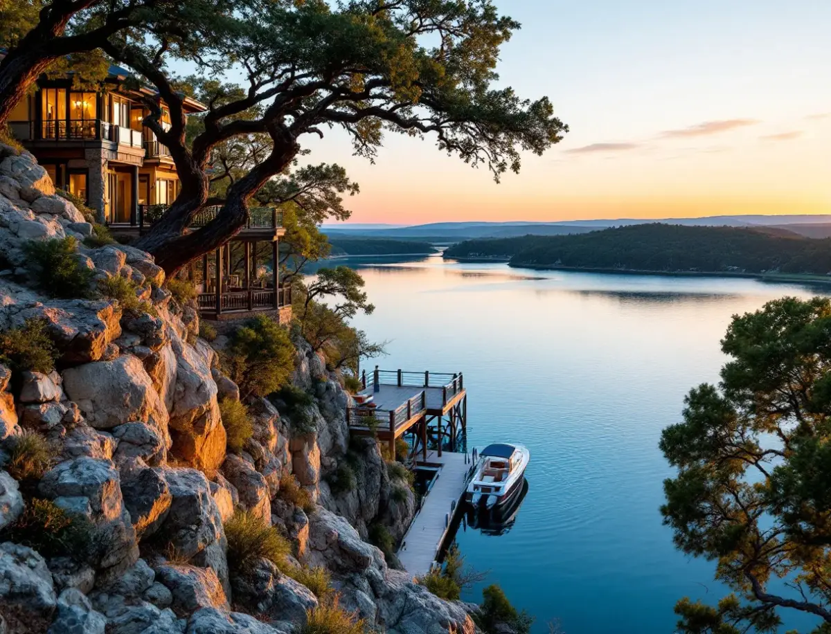 Hillside stone-and-stucco home overlooking a lake cove through juniper and oak