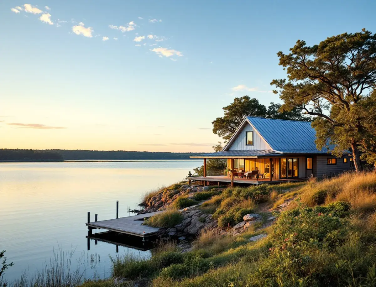 Hill country home with a covered deck overlooking Lake Travis through cedar and live oak