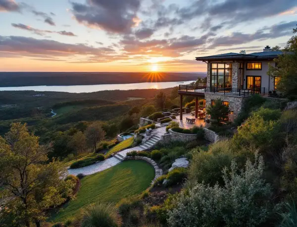 Stucco and stone hill country home overlooking Lake Travis at golden hour