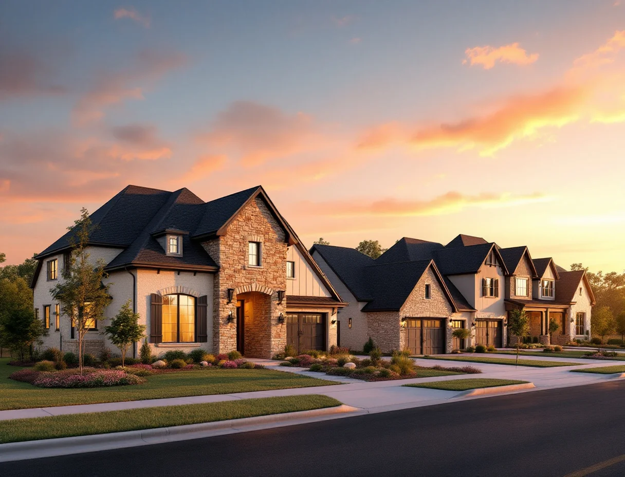 New two-story hardiplank and stone home with a covered front porch on a fresh-sodded suburban street
