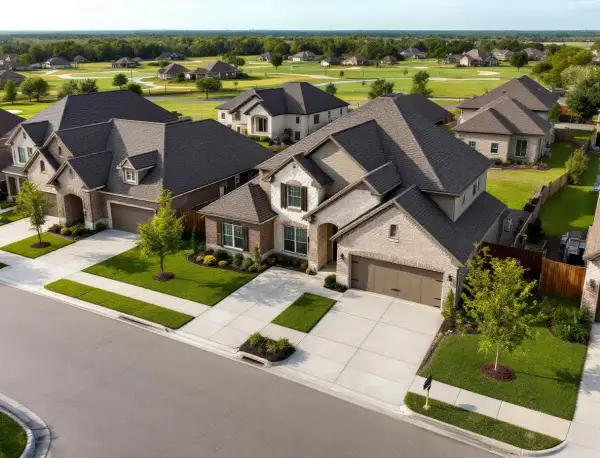 Modern farmhouse-style new home with solar panels on a sunny street in a young master-planned community
