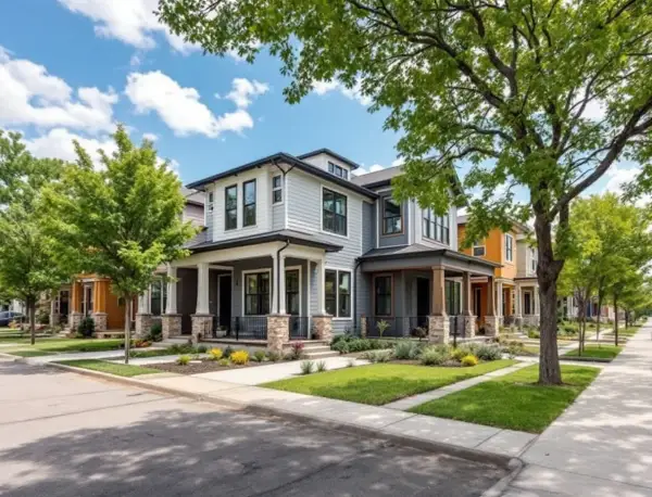 Colorful row homes with deep front porches facing a green courtyard under young shade trees
