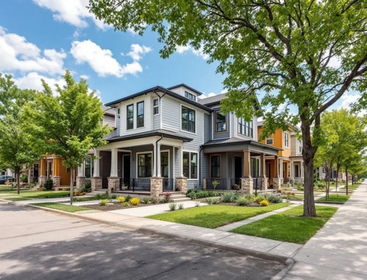 Colorful row homes with deep front porches facing a green courtyard under young shade trees
