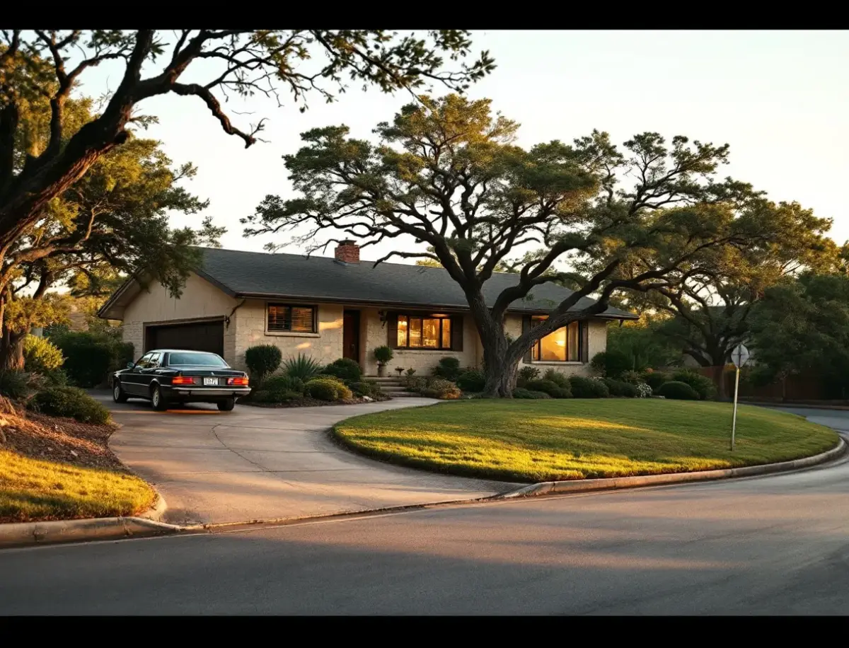 Mid-century limestone and wood home stepping down a hillside lot with live oaks and a distant hill view