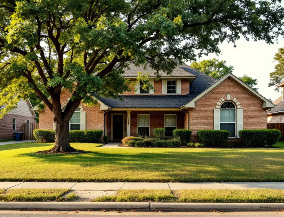 Two-story red brick suburban home with a shaded front lawn on a curving street of mature trees