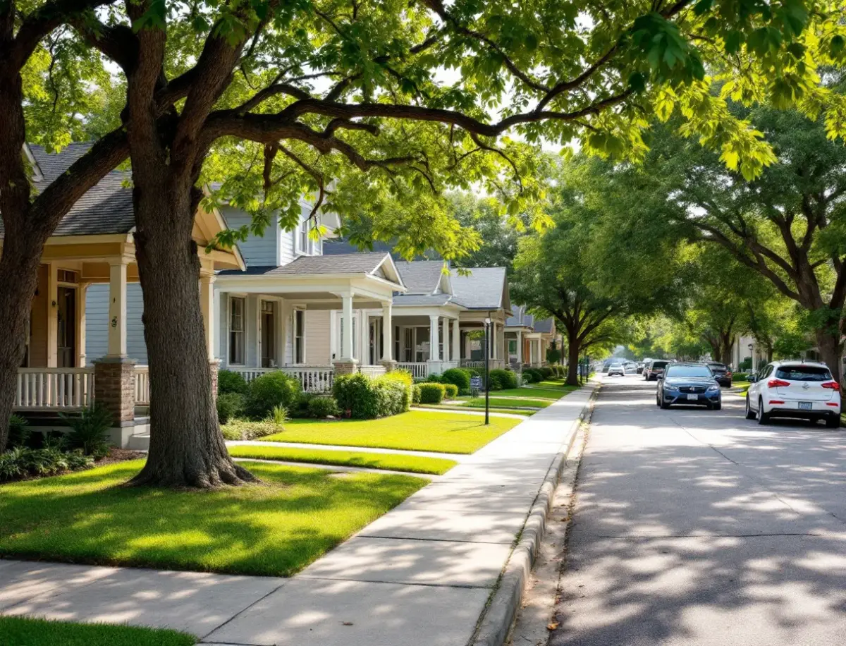 Craftsman-style home with a deep front porch on a tree-lined street near a college campus