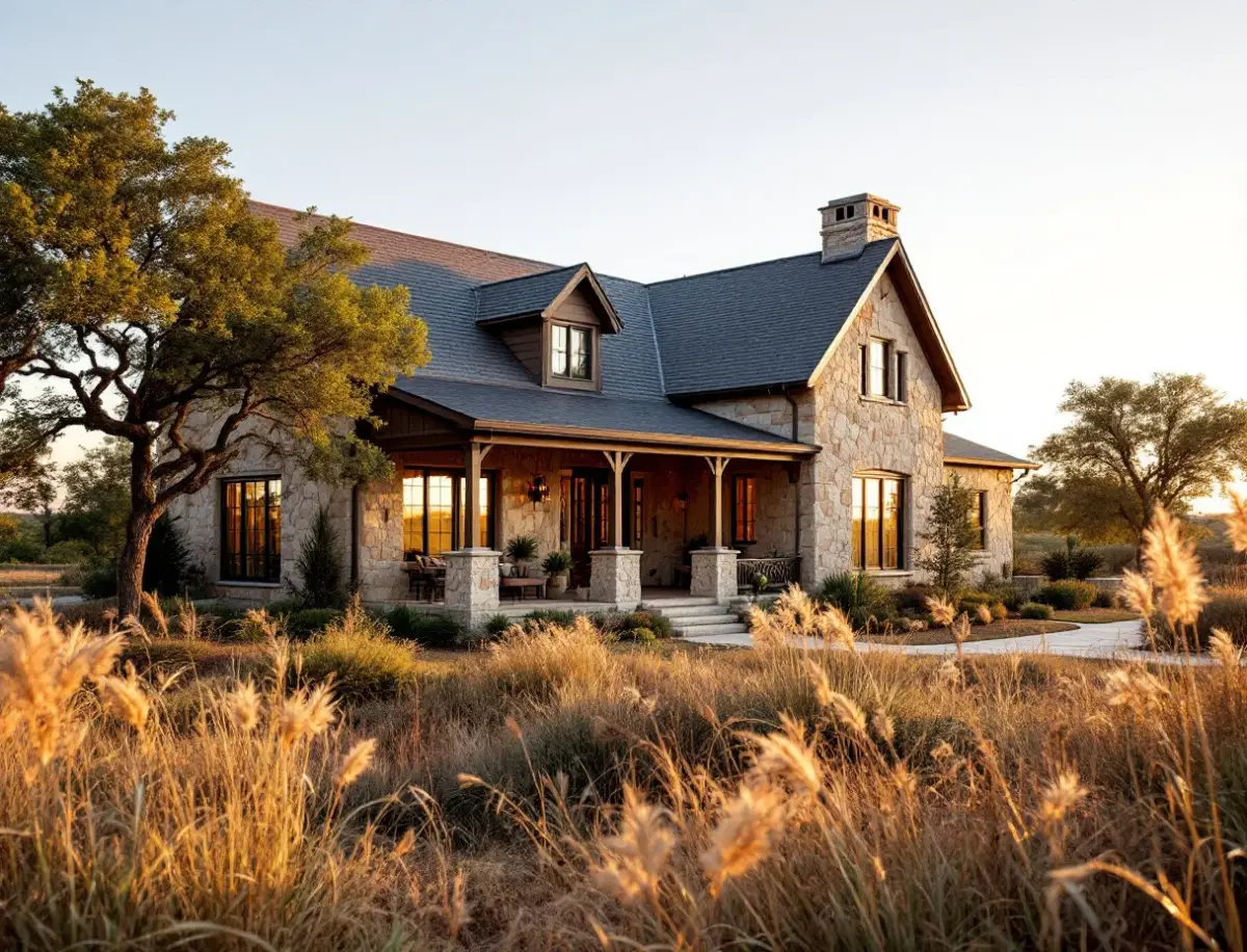 Limestone Texas home with a wide front porch and native landscaping in golden evening light