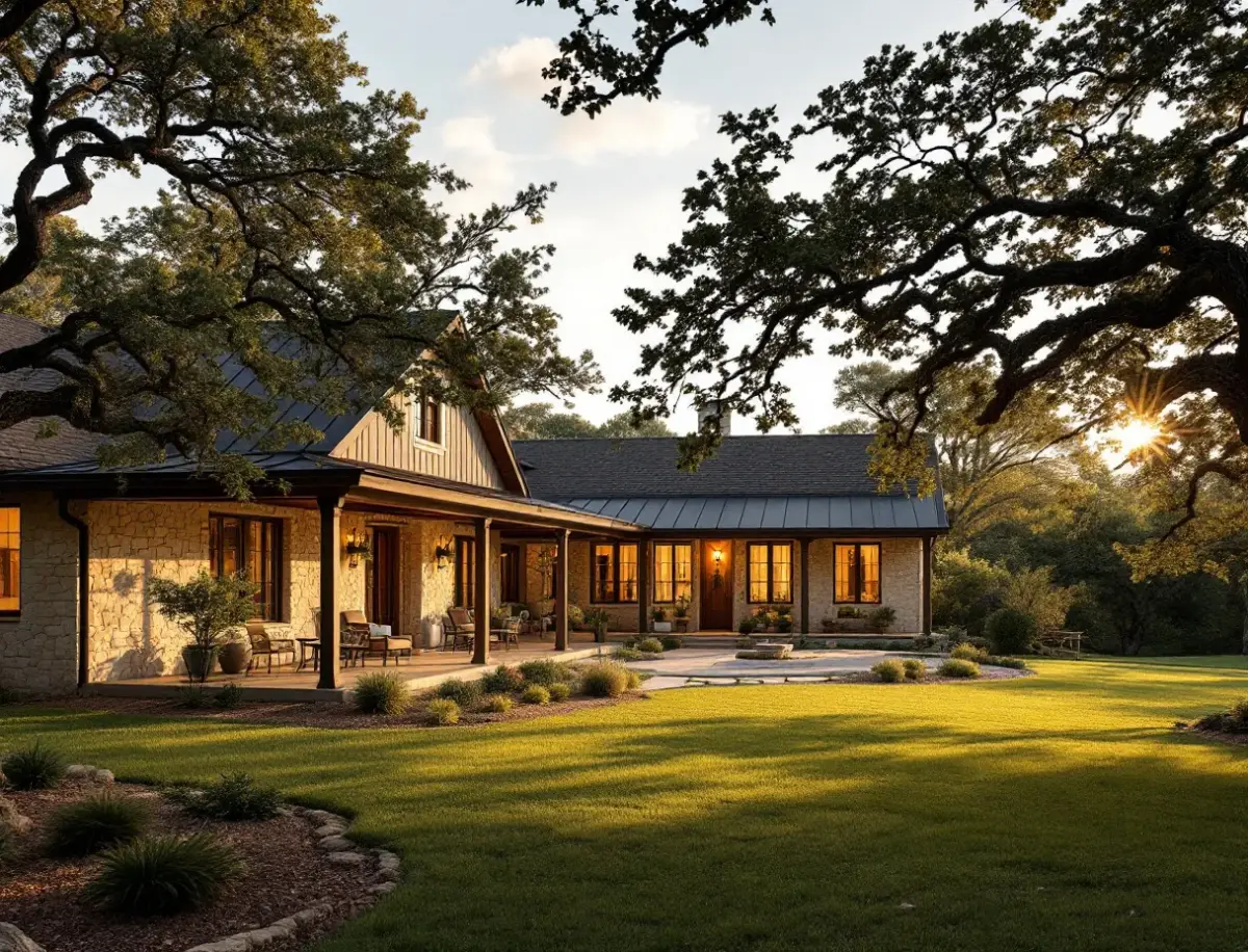 Hill country ranch home with a deep porch in warm evening light