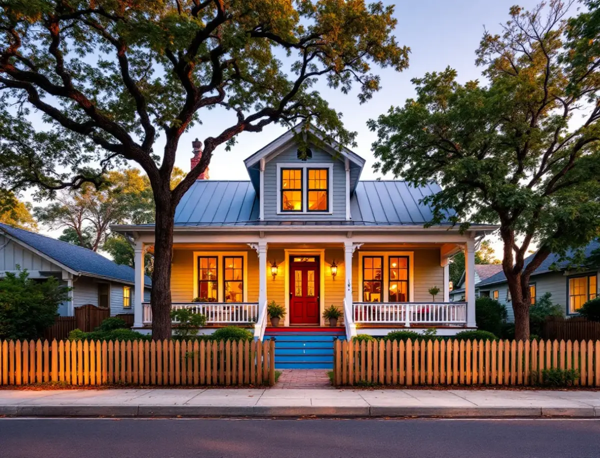 Craftsman bungalow with a deep front porch under old live oaks, string lights along the fence