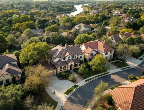 A stone and stucco two-story home on a canyon-edge lot with Hill Country ridgelines behind it