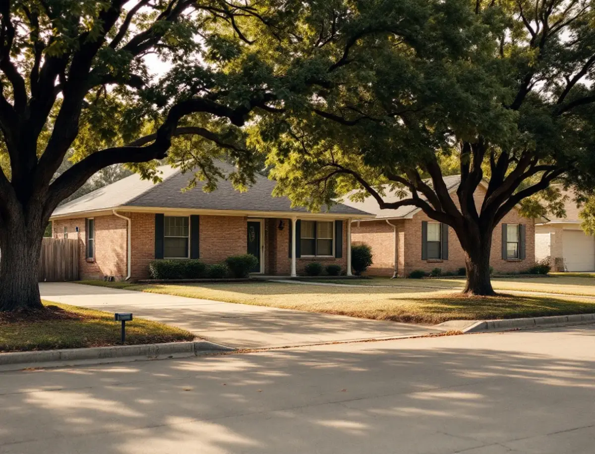 A single-story limestone ranch home on a wide acre lot with live oaks and open sky