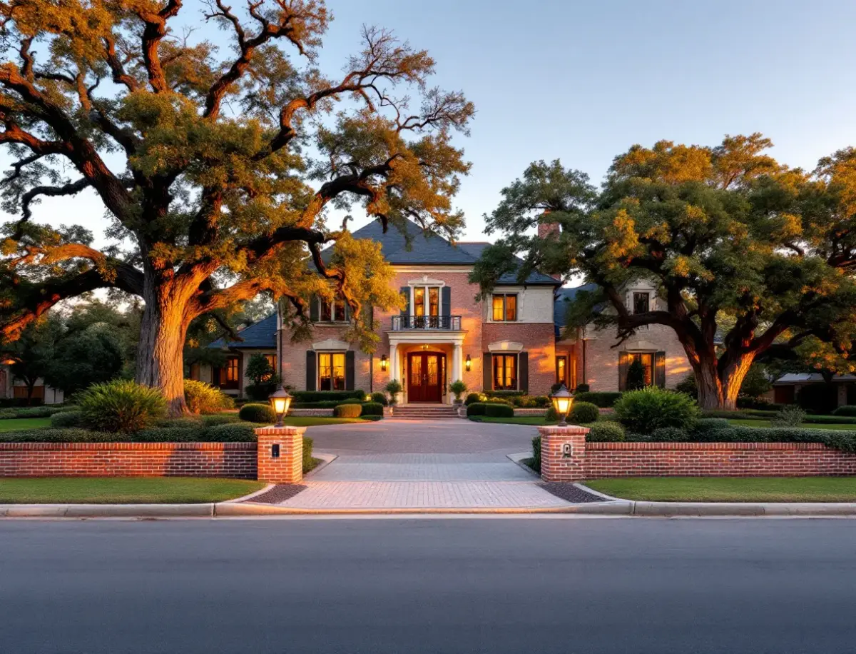 White-painted brick traditional home with black shutters beneath towering live oaks on a quiet West Austin street