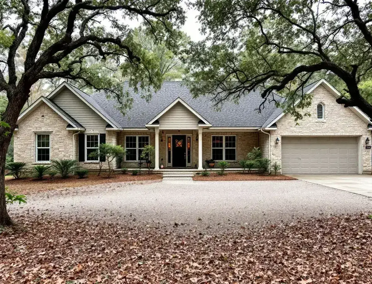 Limestone ranch-style home on oak-shaded acreage with a metal roof and long gravel drive