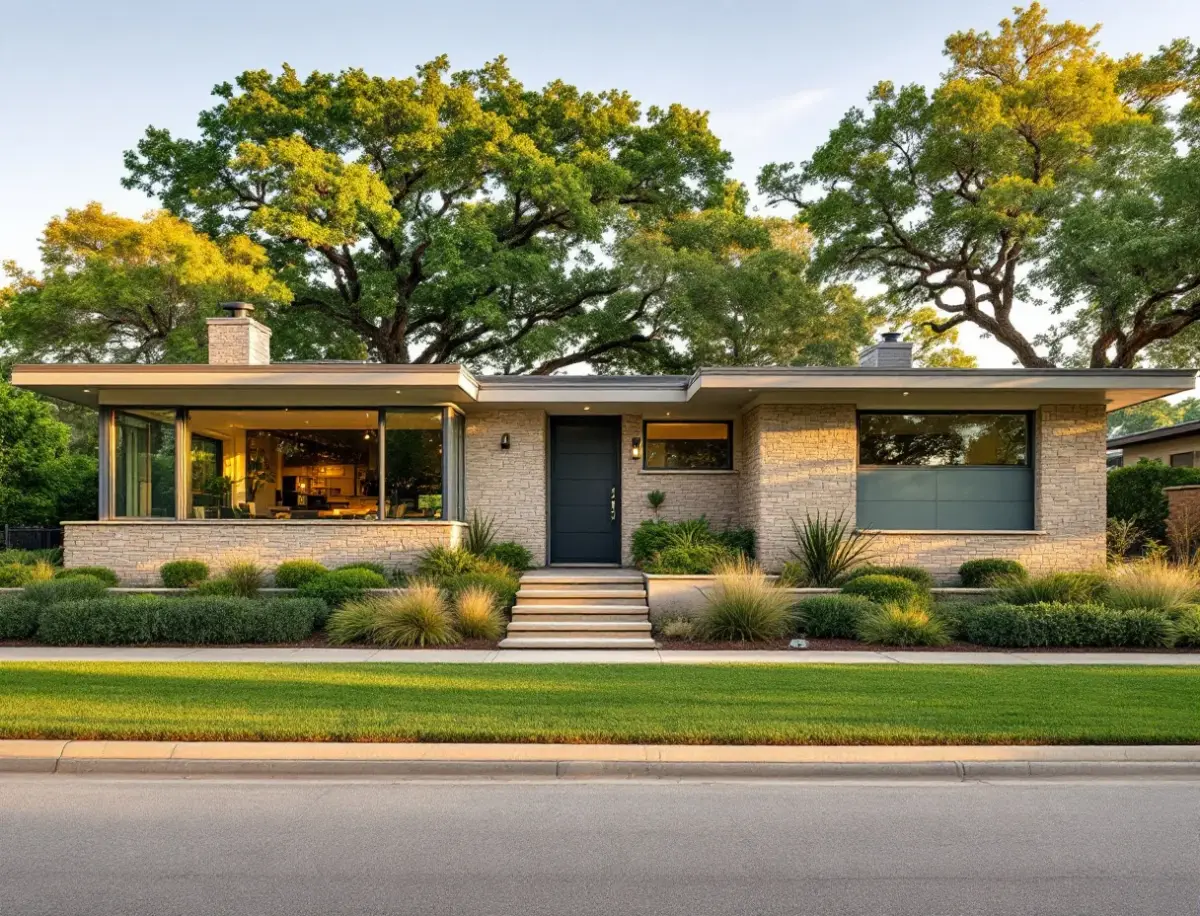 Renovated 1960s ranch home with limestone accents on a sloped lot shaded by cedar elms